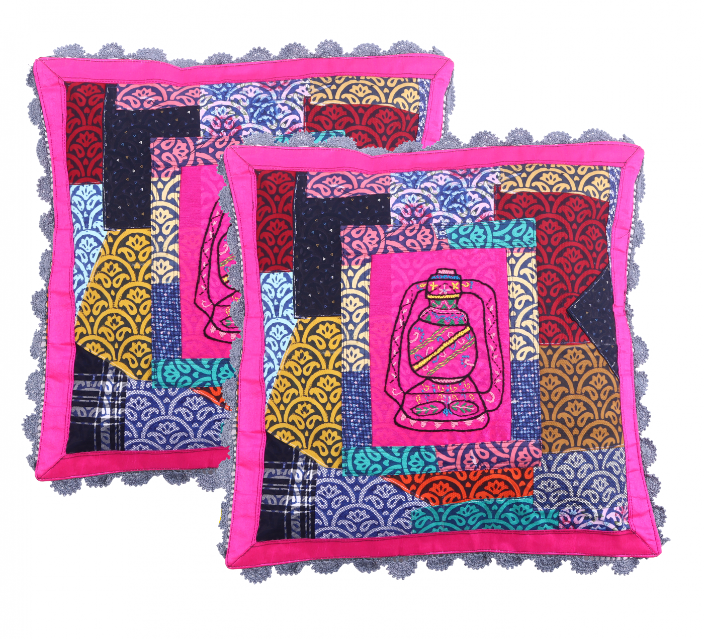 16×16inch Multicolor Lantern Hand Embroidered &amp; Multicolor Cotton Patchwork Pink Throw Cushion Cover (Set of 2) | Handmade Cushion Cover| Throw Cushion Covers | Home Décor | Home Furnishing | Corporate Gifting