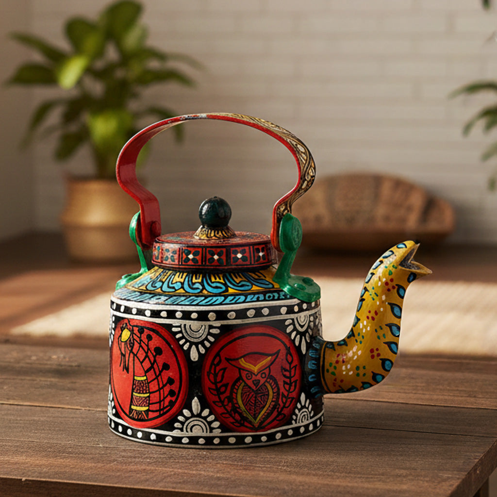 INDHA Decorative Aluminium Kettle with Hand-painted Tribal Folk Art | Exquisite Design | Gift Piece | Décor