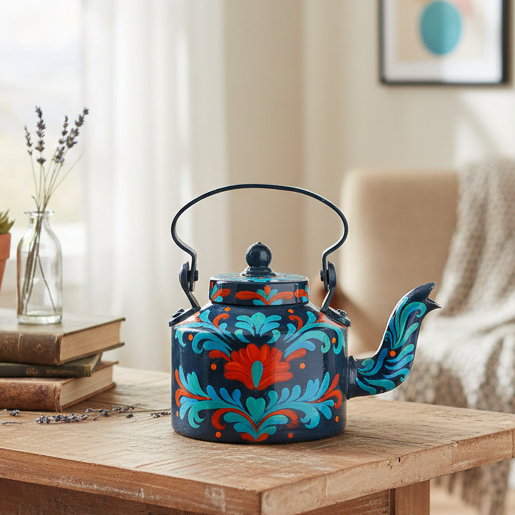 Indha Hand-Painted Aluminium Kettle – Floral Table Décor Showpiece | Vintage-Style Home Decoration | Colourful Gift for Living Room, Office & Festive Gifting | Handmade in India