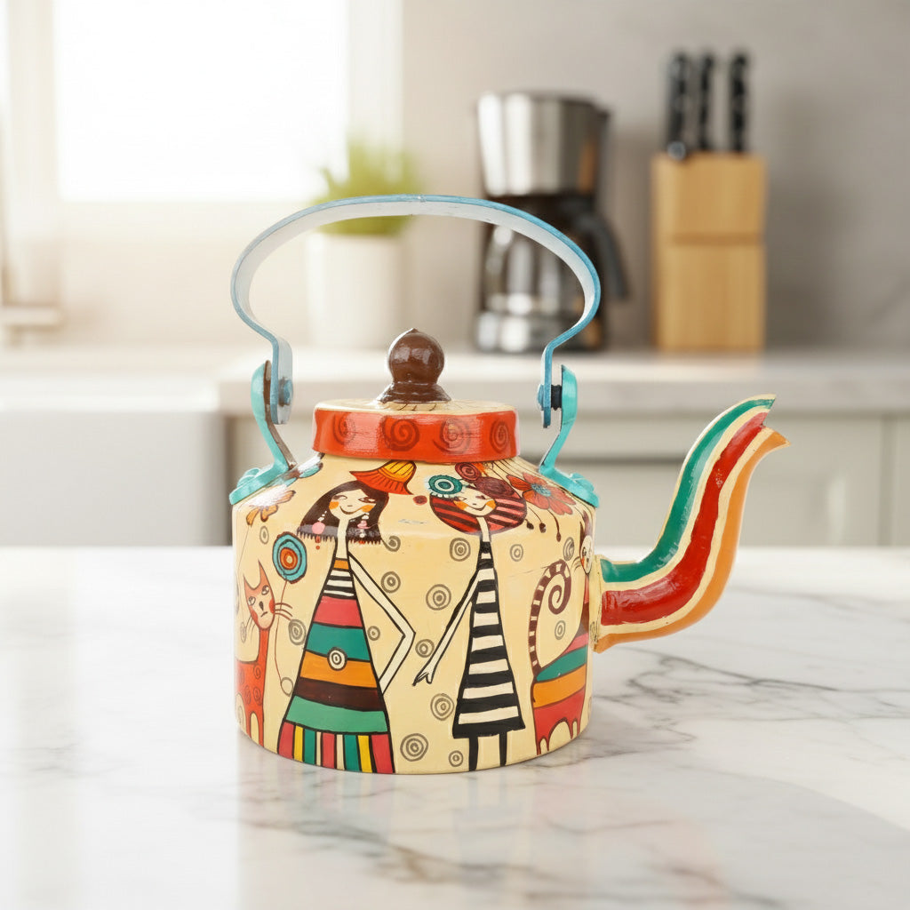 Indha Hand-Painted Aluminium Kettle – Girl with Cat Design | Handmade Decorative Teapot | Indian Folk Art Home Décor | 5.5 Inch Height