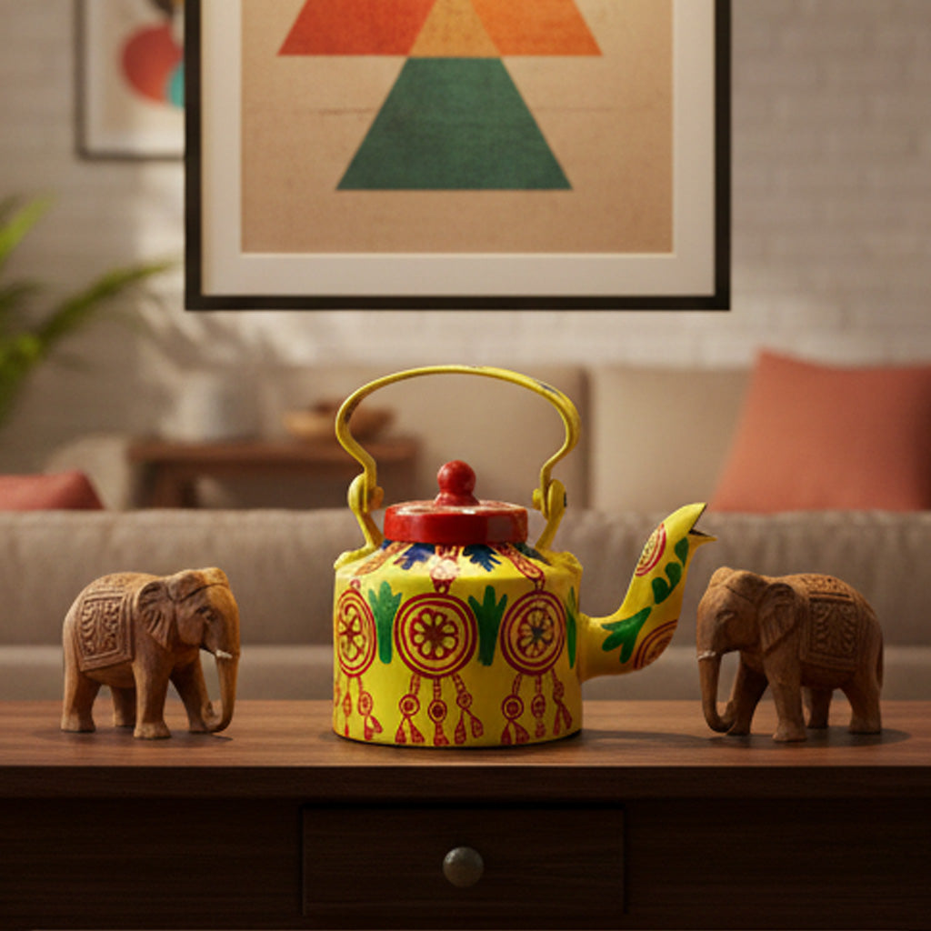 INDHA Yellow Handpainted Aluminium Decorative 	Kettle With Wind Chimes Print | Handpainted Décor | Home Décor | Home Utility | Living Room Décor | Gifting | Décor | Kitchen Utility