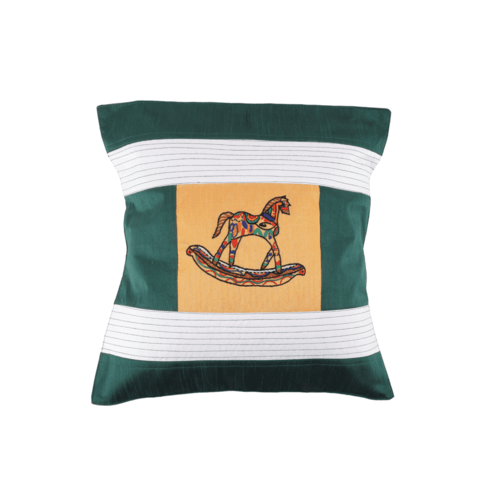 Indha Hand Embroidered Cushion Cover Horse Embroidery | Dupion Silk Cushion Cover |  Corporate Gifting | Home Furnishing | Home Improvement | Home Decor | Set of 2,16x16 Inches Cushion Cover