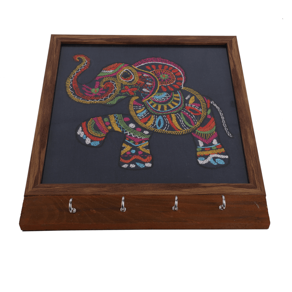 Indha Handcrafted Navy Blue Dupion Silk Key Holder | Elephant Design Wall Mounted Key Organizer | Hand Embroidered Kantha & Chain Stitch | Wooden Base