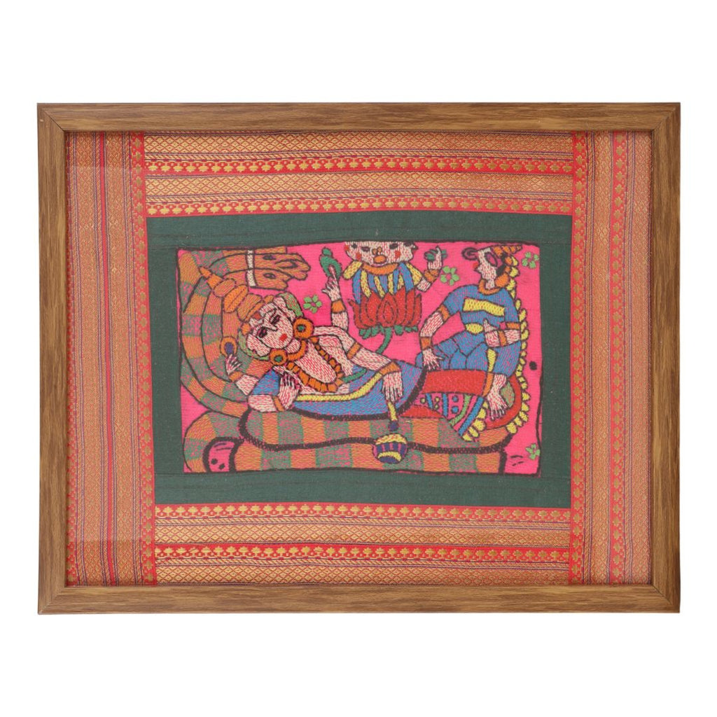 Indha Hand-Crafted Wall Décor – Lord Vishnu Embroidery | Wooden Border | Premium Vegan Leather Back Finish