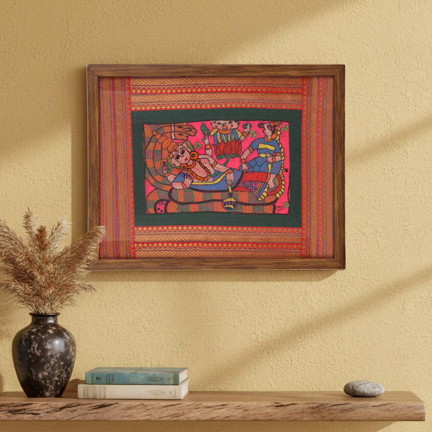 Indha Hand-Crafted Wall Décor – Lord Vishnu Embroidery | Wooden Border | Premium Vegan Leather Back Finish