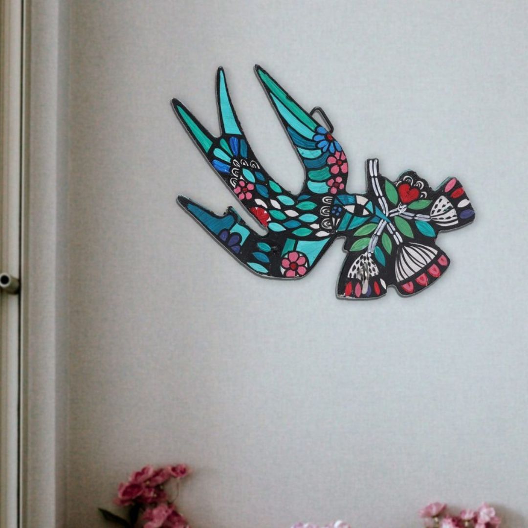 Flying Bird Key Holder Wall Mounted Hand Painted | Wooden Key Holder Handmade | Eco-Friendly Bird Design Key Organizer for Home | Indha