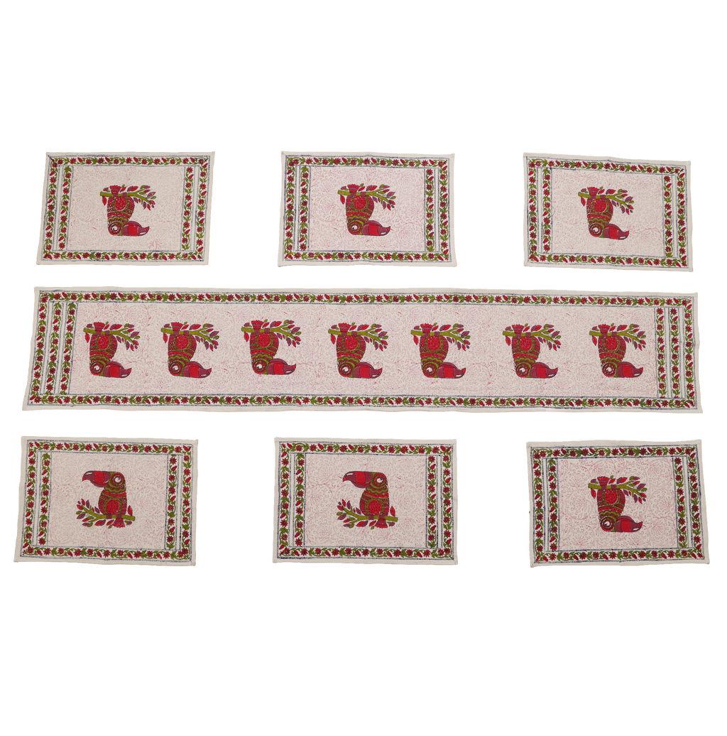 Indha Hand Block Printed Table Runner & Placemat Set – 7-Piece Dining Table Linen Collection