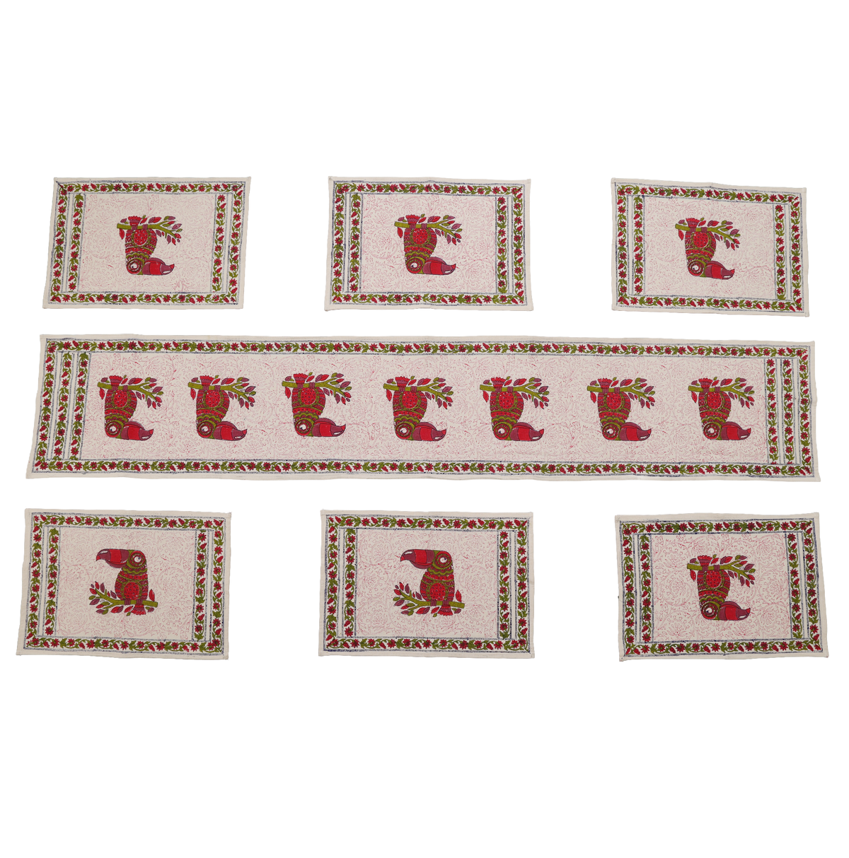 Indha Hand Block Printed Table Runner & Placemat Set – 7-Piece Dining Table Linen Collection