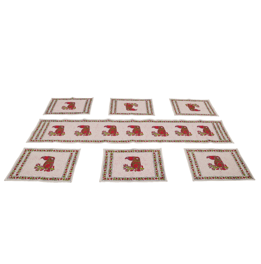Indha Hand Block Printed Table Runner & Placemat Set – 7-Piece Dining Table Linen Collection