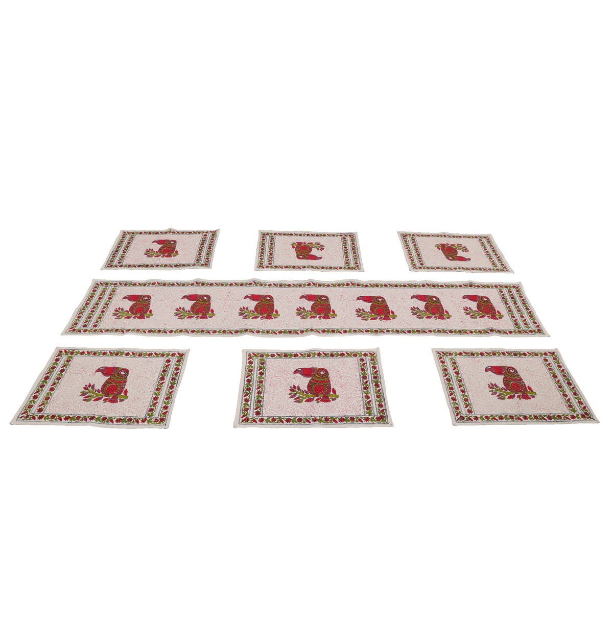 Indha Hand Block Printed Table Runner & Placemat Set – 7-Piece Dining Table Linen Collection