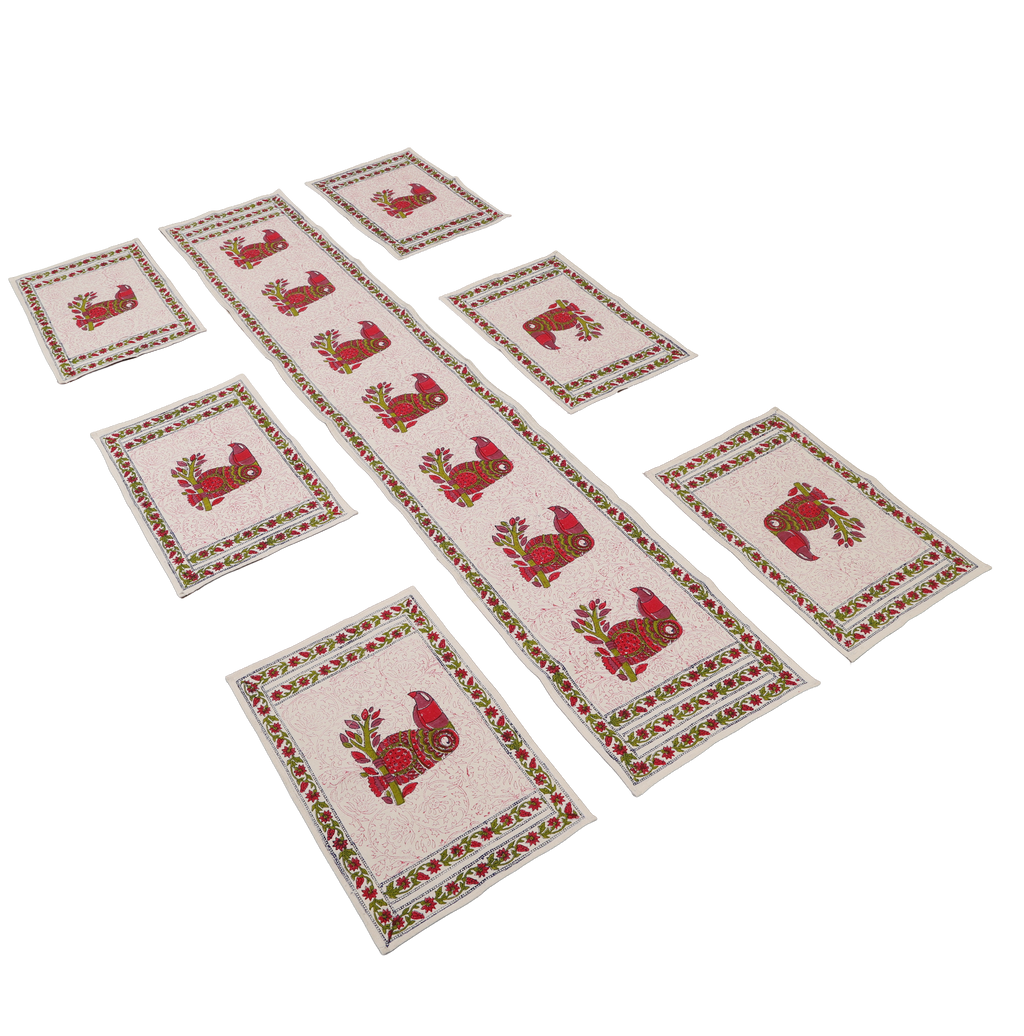 Indha Hand Block Printed Table Runner & Placemat Set – 7-Piece Dining Table Linen Collection
