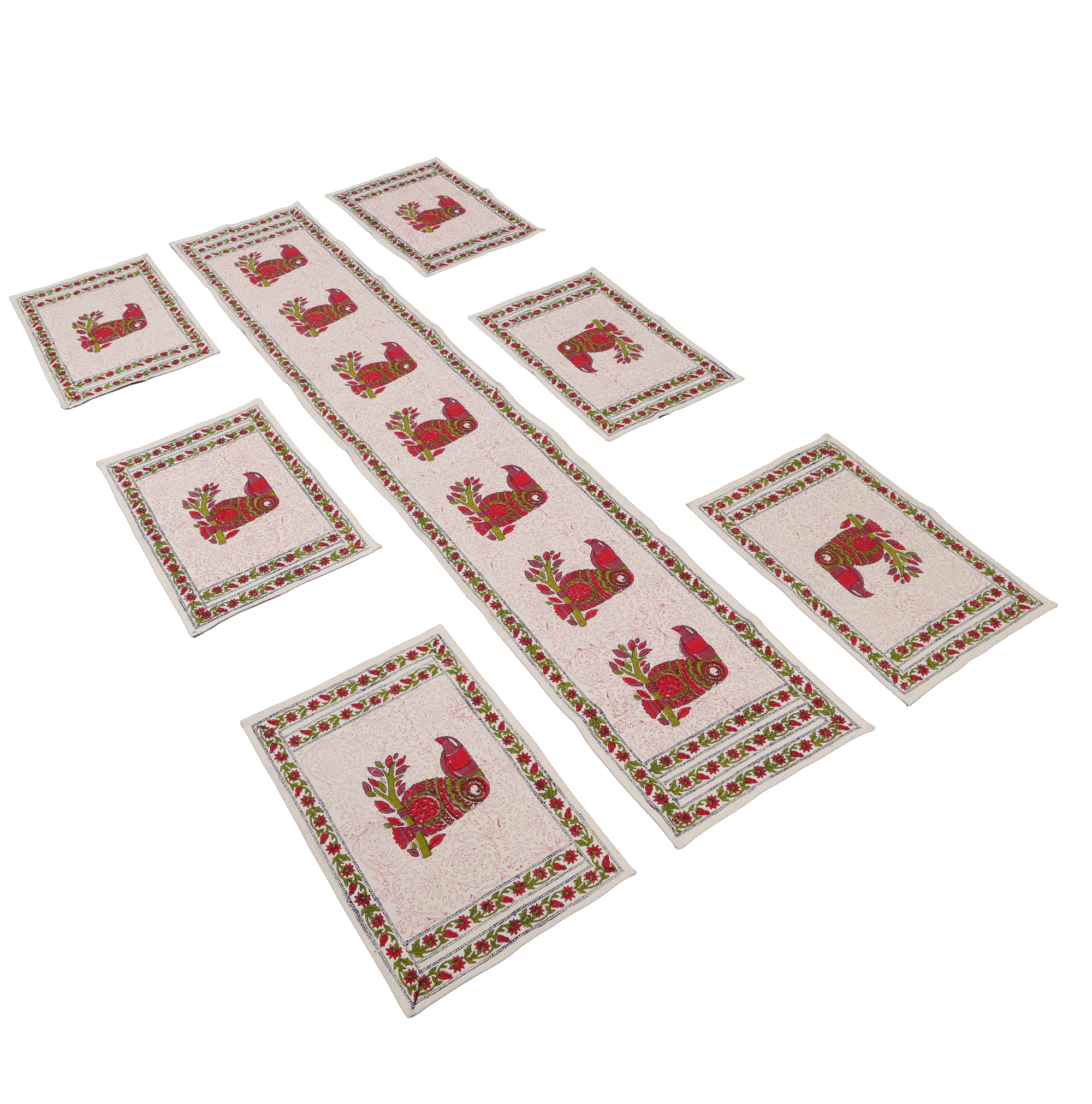 Indha Hand Block Printed Table Runner & Placemat Set – 7-Piece Dining Table Linen Collection
