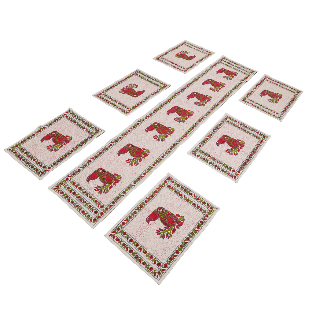 Indha Hand Block Printed Table Runner & Placemat Set – 7-Piece Dining Table Linen Collection