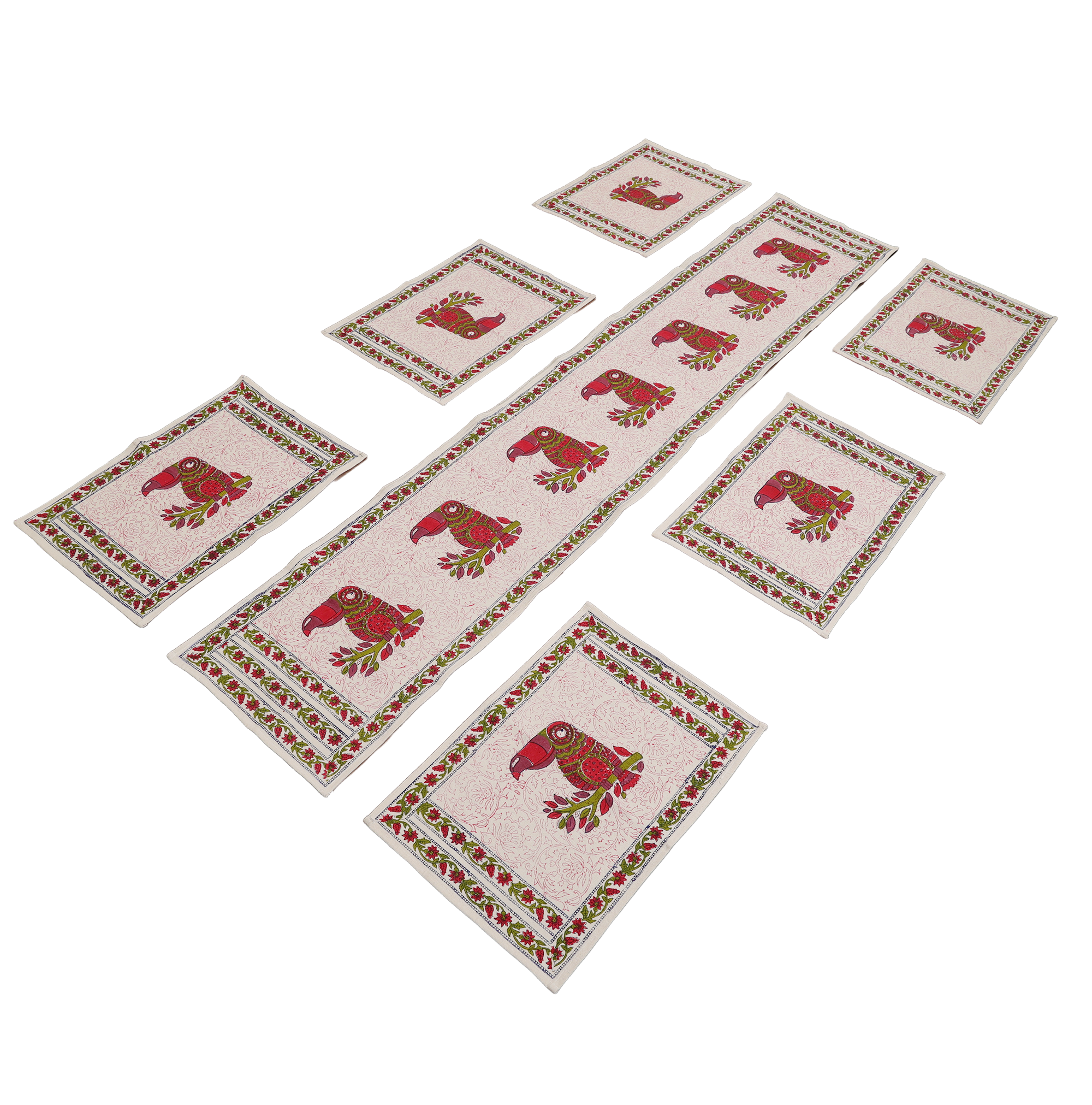 Indha Hand Block Printed Table Runner & Placemat Set – 7-Piece Dining Table Linen Collection