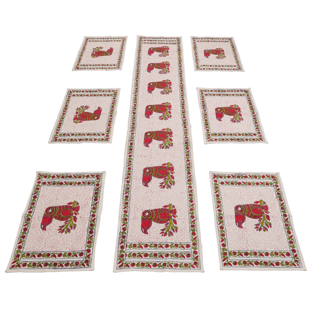 Indha Hand Block Printed Table Runner & Placemat Set – 7-Piece Dining Table Linen Collection