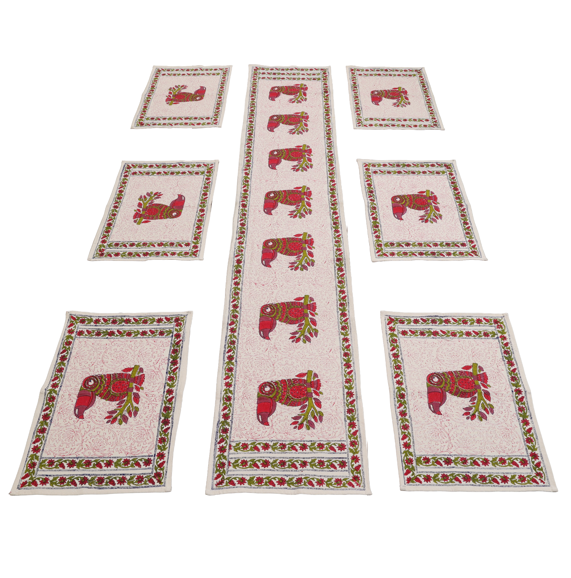 Indha Hand Block Printed Table Runner & Placemat Set – 7-Piece Dining Table Linen Collection