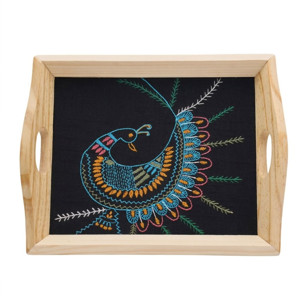 Indha Hand Embroidered Peacock Motif | Black Dupian Silk | Pine Wood Tray| Corporate Gift| Festive Gifting| National Bird