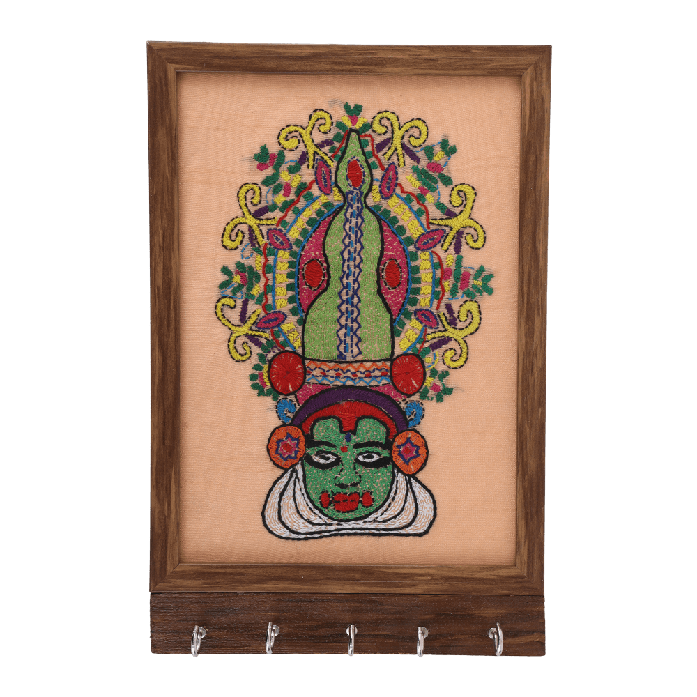 Indha Handcrafted Key Holder For Home | Peach Dupion Silk Key Holder| Hand Embroidered Chain Stitch And Kantha Work Multicolor Kathakali Dancer Face Design | Pine Wood Key Holder | Handmade
