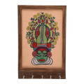 Indha Handcrafted Key Holder For Home | Peach Dupion Silk Key Holder| Hand Embroidered Chain Stitch And Kantha Work Multicolor Kathakali Dancer Face Design | Pine Wood Key Holder | Handmade