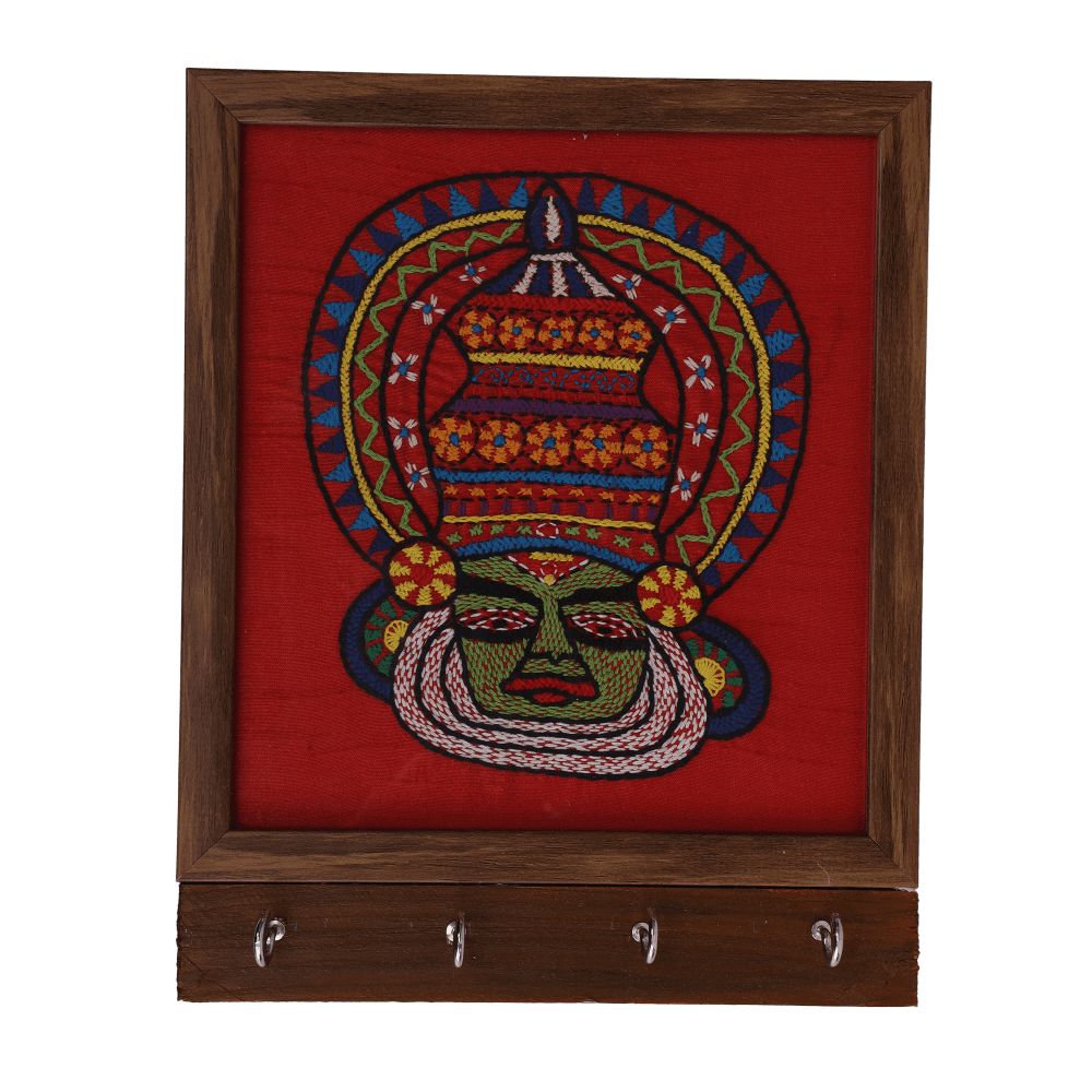 Indha Wooden Key Hanger For Wall | Handcrafted Red Dupion Silk Key Holder | Kathakali Face Embroidery Kantha & Chain Stitch | Wall Mounted Key Organizer Indha