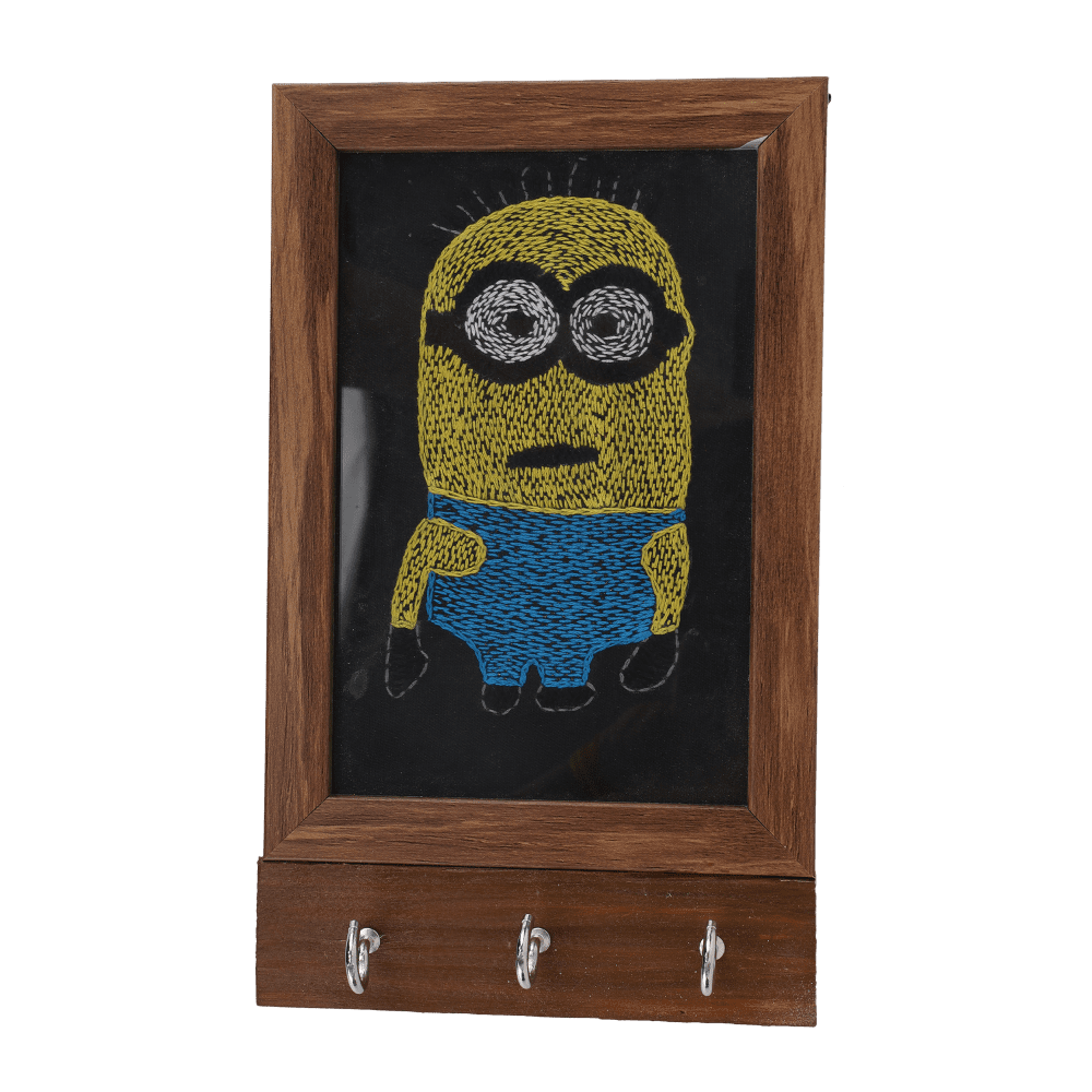 Indha Handcrafted Key Ring Holder Wooden for Wall | Black Dupion Silk Key Holder | Minion Design Hand Embroidered Kantha & Chain Stitch | Wall Mounted Key Organizer Indha