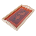 Indha Handmade Wooden Tray Fish Design | Orange And Maroon Dupion Silk Wooden Tray | Hand Embroidered Chain Stitch And Kanth| Madhubani Fish Design | Hand Embroidered Serving Tray |