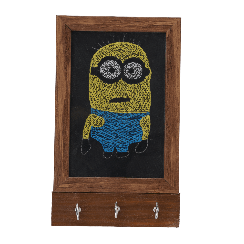Indha Handcrafted Key Ring Holder Wooden for Wall | Black Dupion Silk Key Holder | Minion Design Hand Embroidered Kantha & Chain Stitch | Wall Mounted Key Organizer Indha