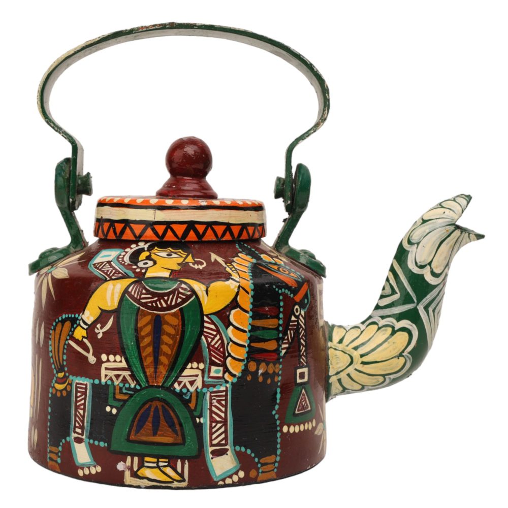 INDHA Hand-Painted Aluminium Kettle Kachchhi Ghodi Dance Theme | Multicolour Decorative Vintage Tea Kettle Home Décor Gift