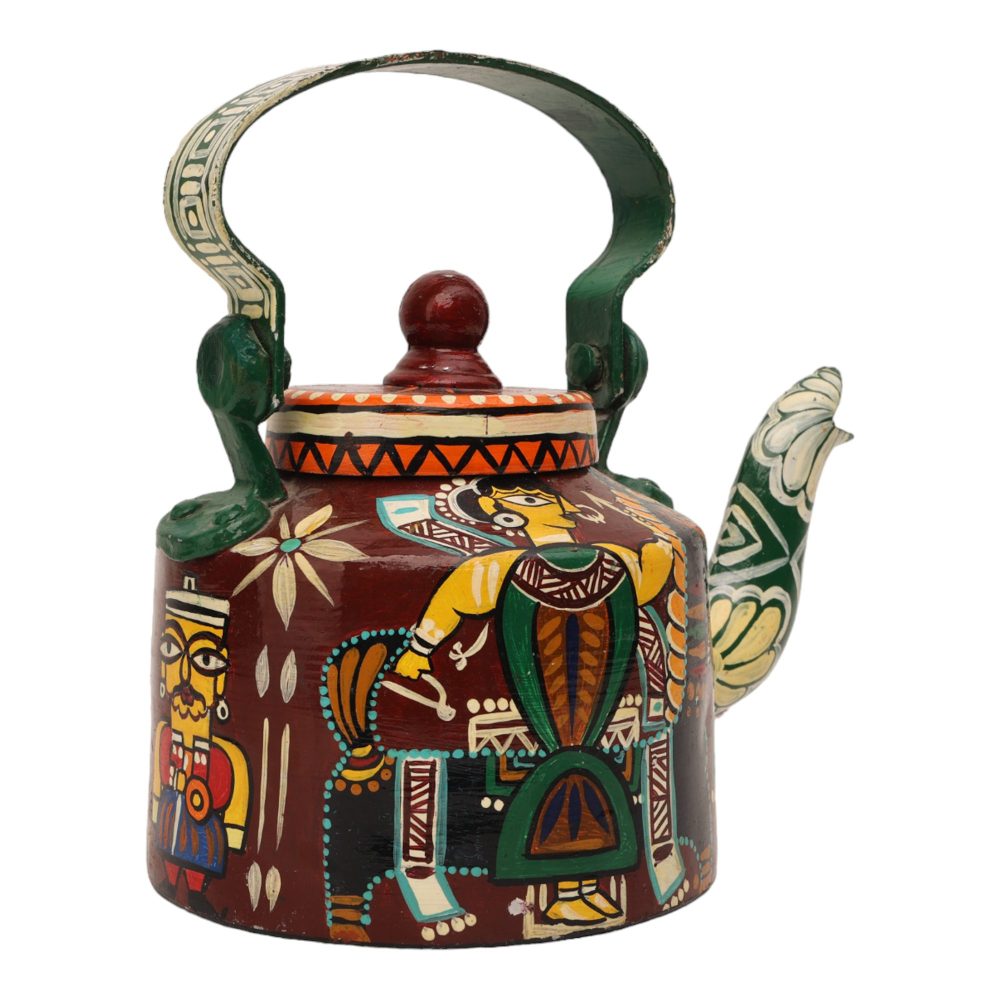 INDHA Hand-Painted Aluminium Kettle Kachchhi Ghodi Dance Theme | Multicolour Decorative Vintage Tea Kettle Home Décor Gift