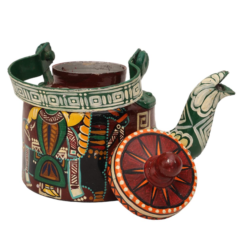 INDHA Hand-Painted Aluminium Kettle Kachchhi Ghodi Dance Theme | Multicolour Decorative Vintage Tea Kettle Home Décor Gift