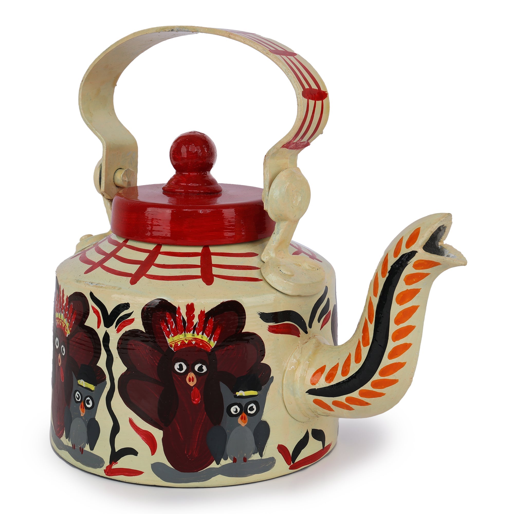 INDHA Off-White Handpainted Aluminium Decorative Kettle With Owl Print | Handpainted Décor | Home Décor | Home Utility | Living Room Décor | Gifting | Décor | Kitchen Utility