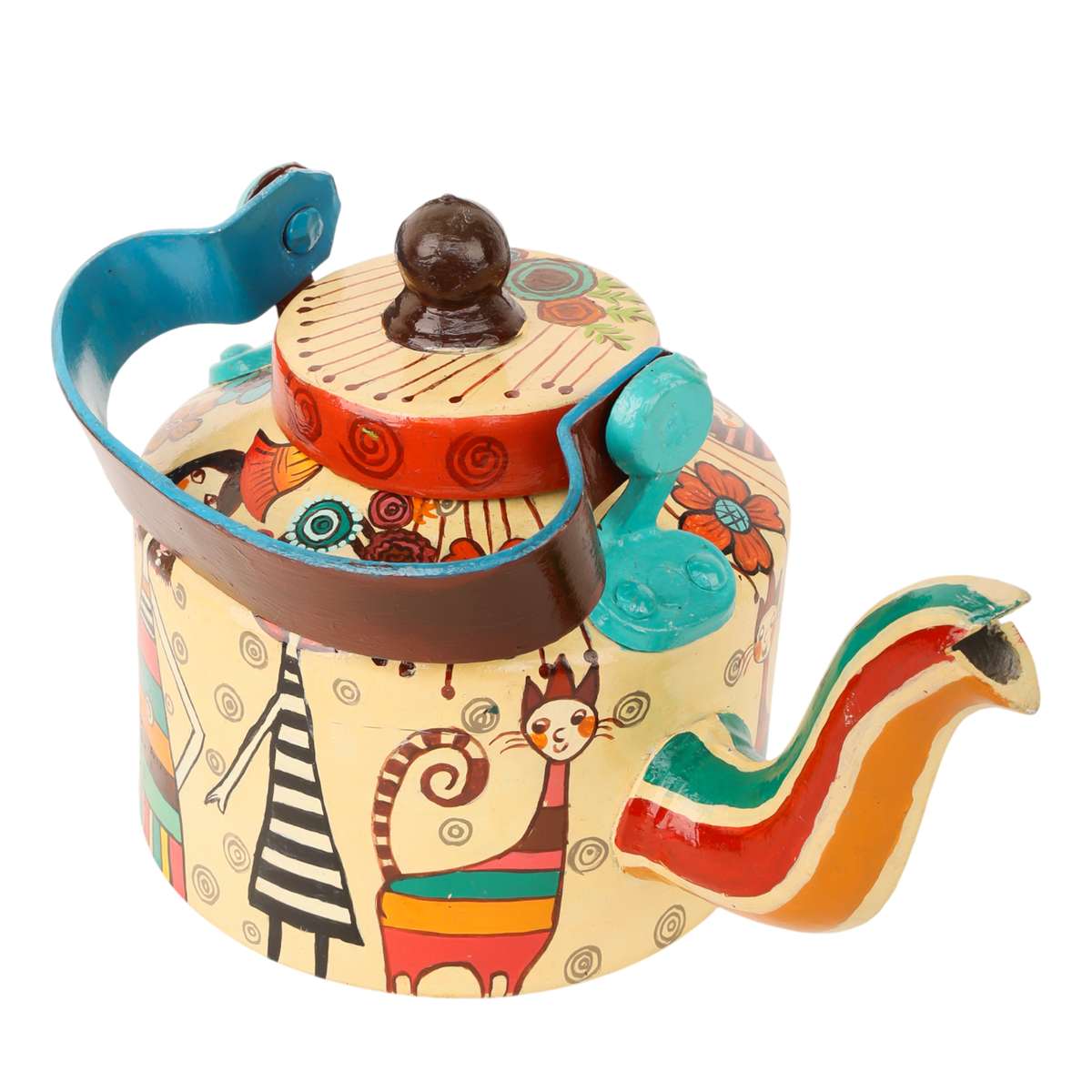 Indha Hand-Painted Aluminium Kettle – Girl with Cat Design | Handmade Decorative Teapot | Indian Folk Art Home Décor | 5.5 Inch Height