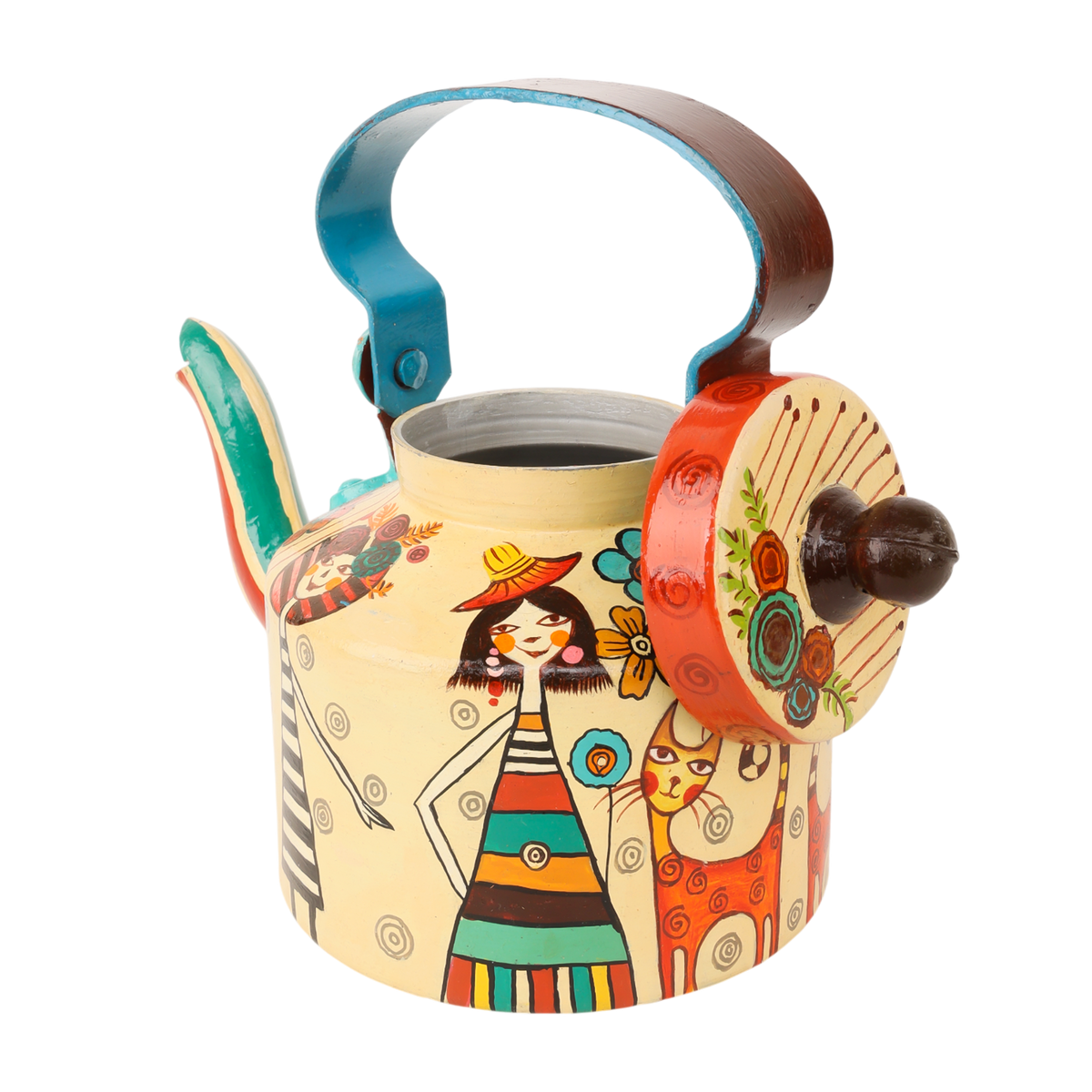 Indha Hand-Painted Aluminium Kettle – Girl with Cat Design | Handmade Decorative Teapot | Indian Folk Art Home Décor | 5.5 Inch Height