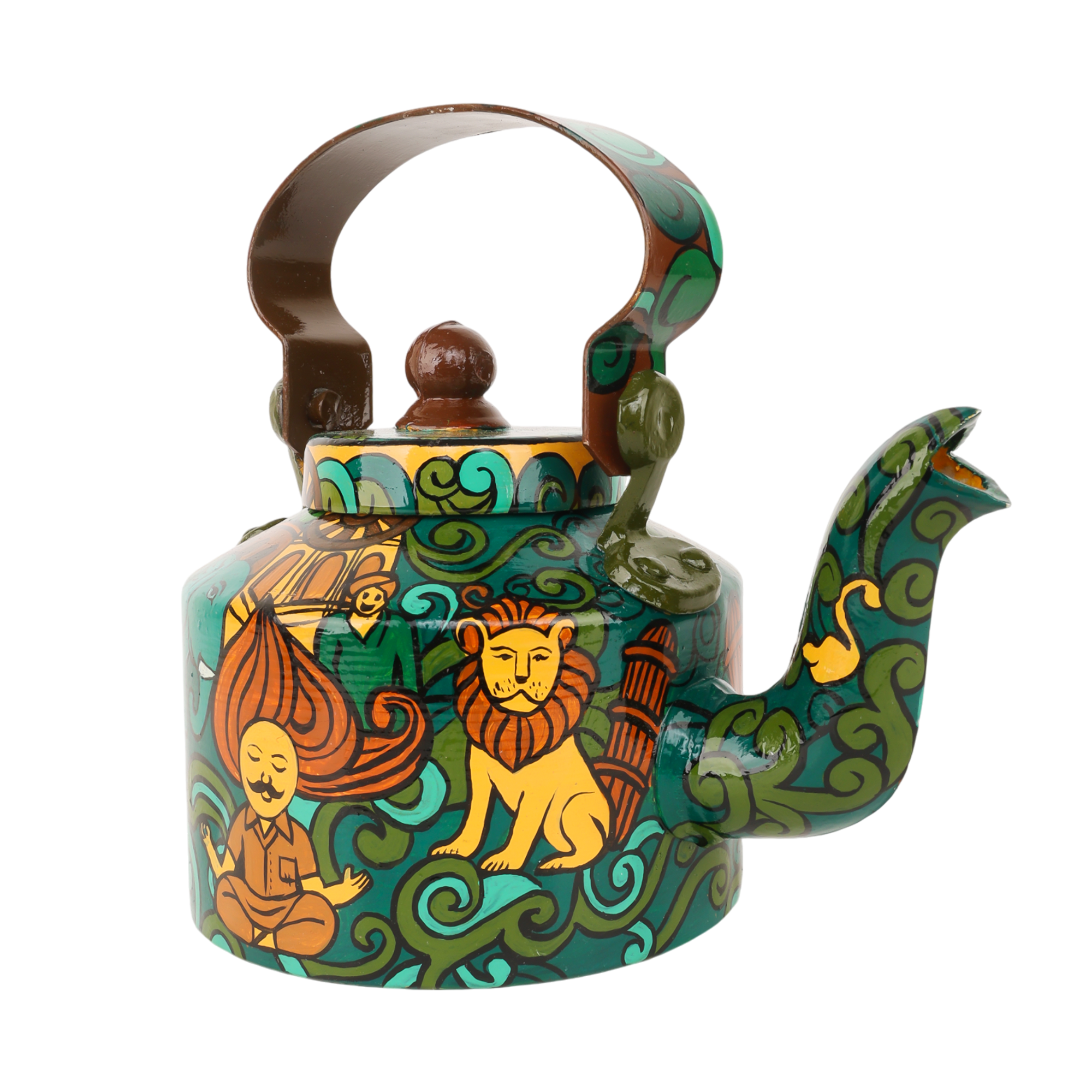 INDHA Hand-Painted Aluminum Decorative Kettle – Meditating Figure, Lion & Elephant Art | Nature-Inspired Floral Design | 1-Litre | Home Décor, Tea Serving & Gifting