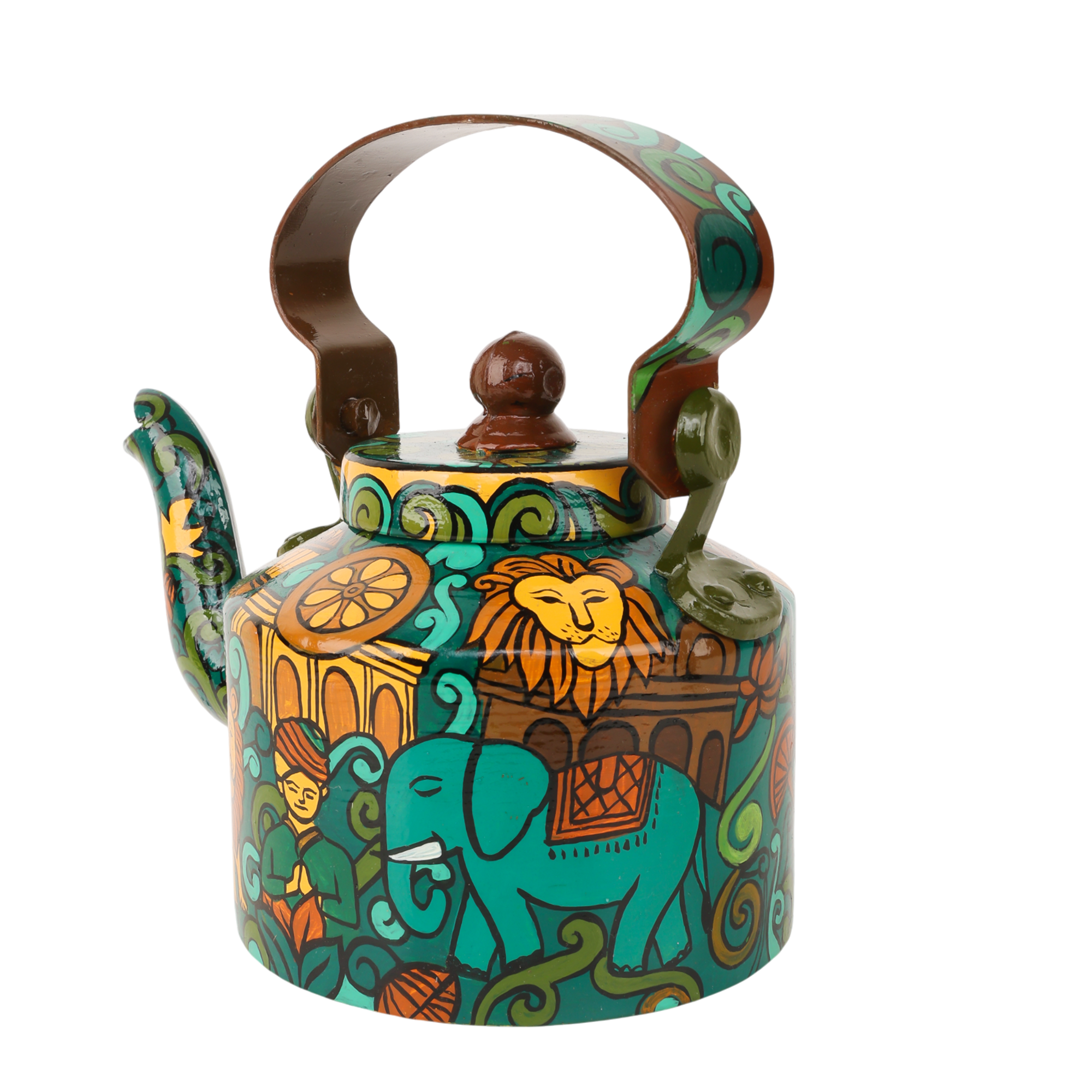 INDHA Hand-Painted Aluminum Decorative Kettle – Meditating Figure, Lion & Elephant Art | Nature-Inspired Floral Design | 1-Litre | Home Décor, Tea Serving & Gifting