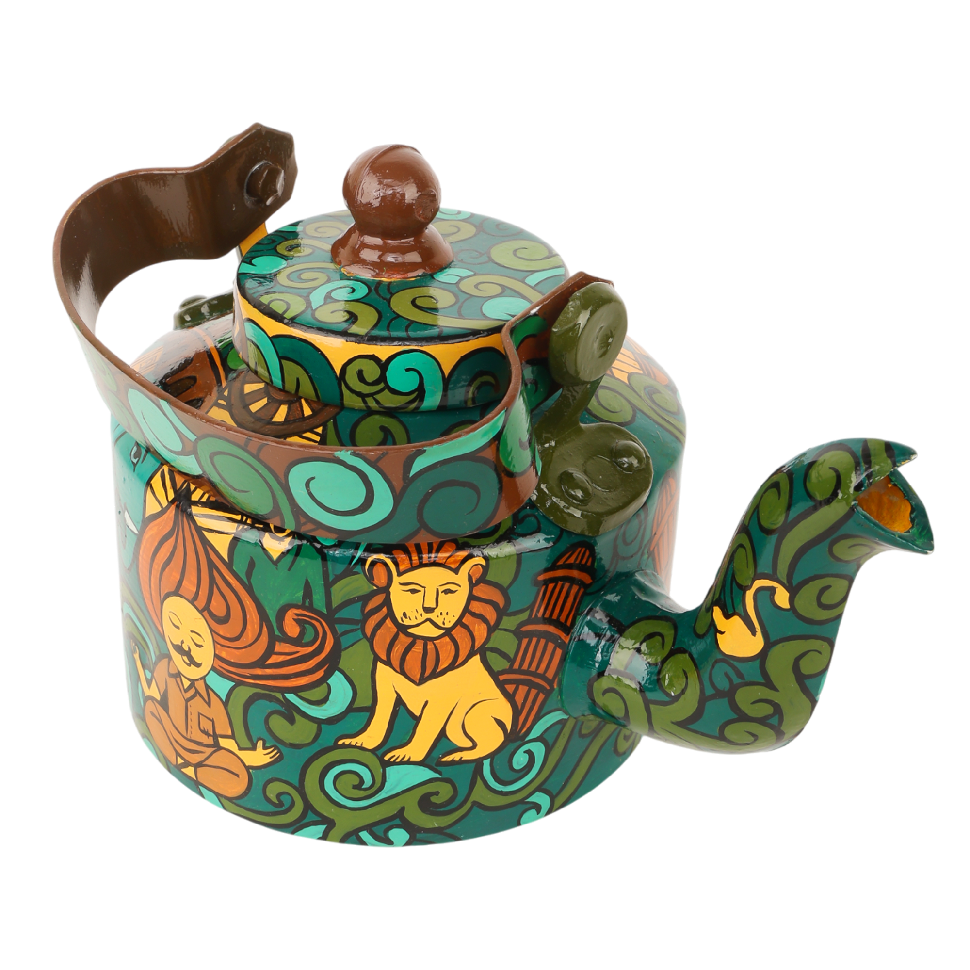 INDHA Hand-Painted Aluminum Decorative Kettle – Meditating Figure, Lion & Elephant Art | Nature-Inspired Floral Design | 1-Litre | Home Décor, Tea Serving & Gifting