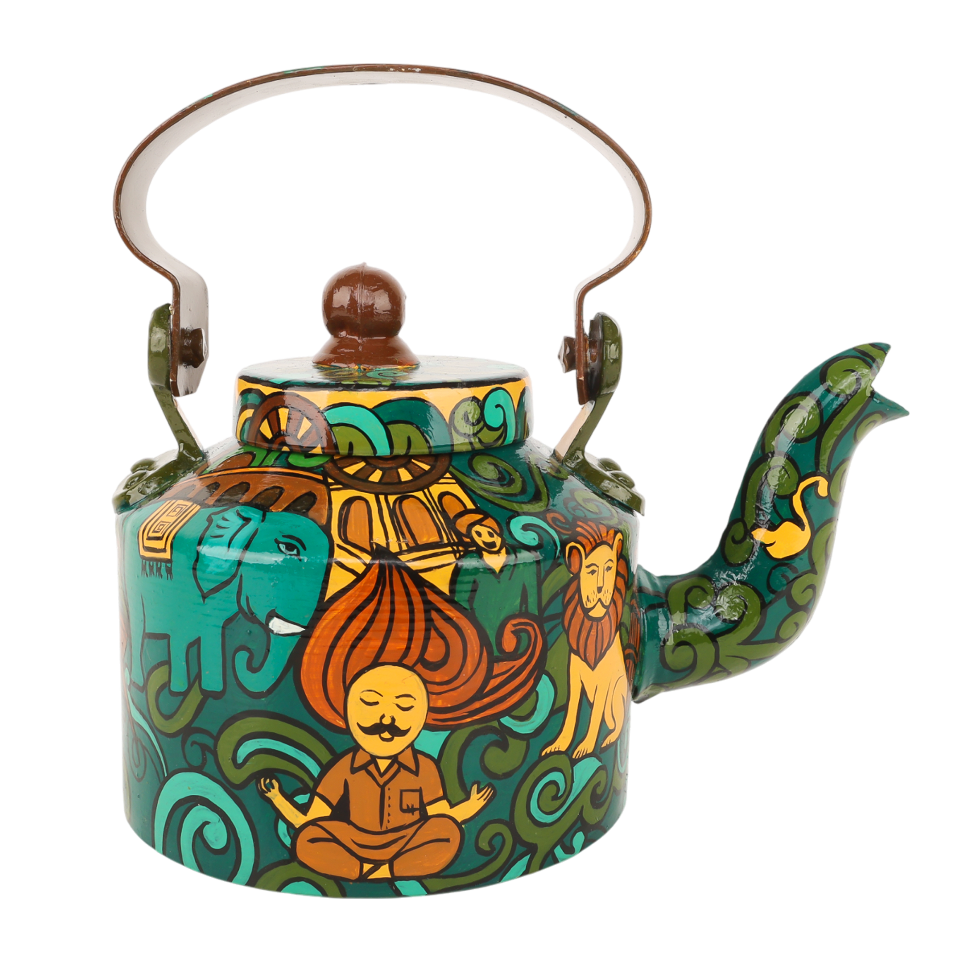 INDHA Hand-Painted Aluminum Decorative Kettle – Meditating Figure, Lion & Elephant Art | Nature-Inspired Floral Design | 1-Litre | Home Décor, Tea Serving & Gifting