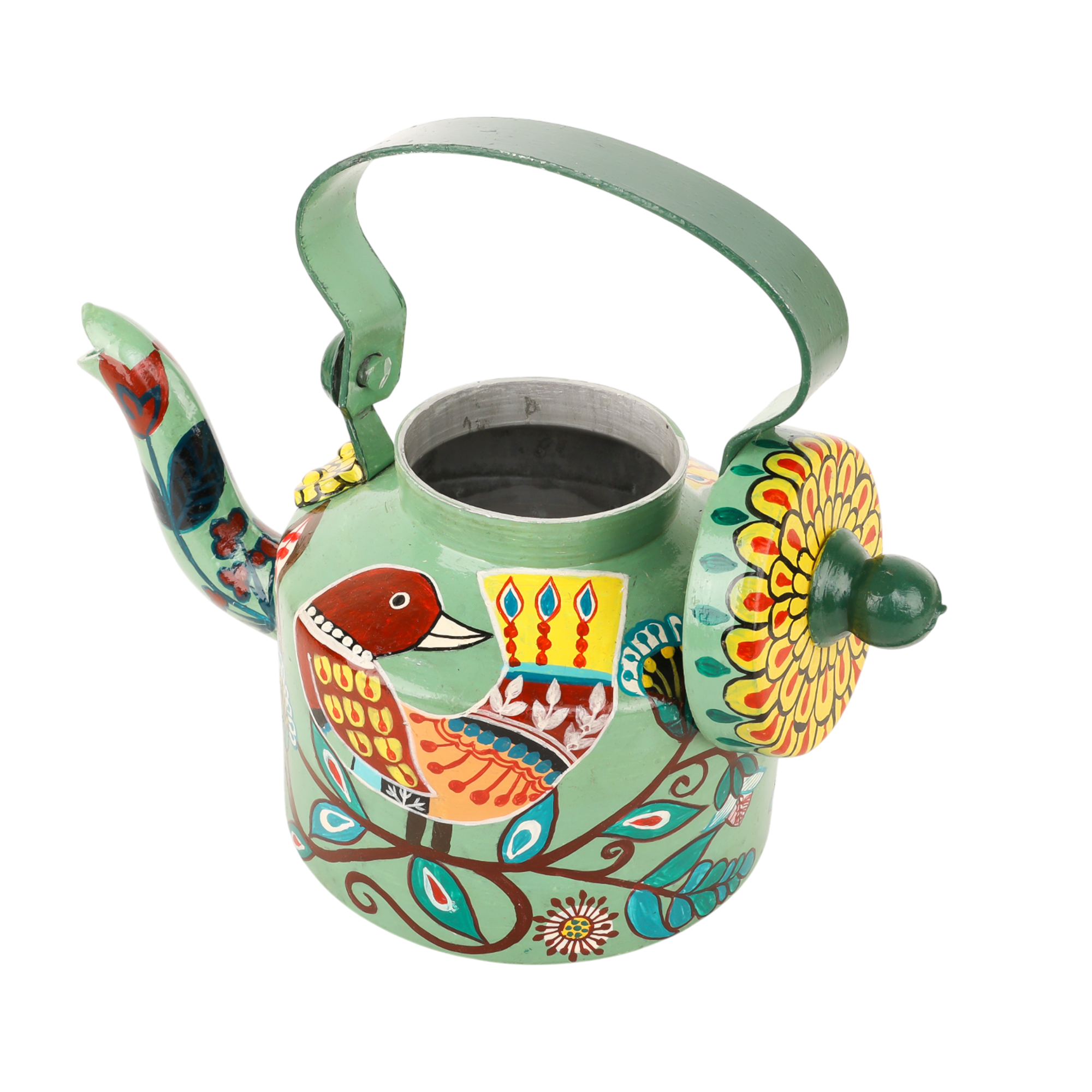 INDHA Hand-Painted Aluminum Decorative Kettle – Sparrow on Branch Artwork | Nature-Inspired Bird Design | 1-Litre | Home Décor, Tea Serving & Gifting