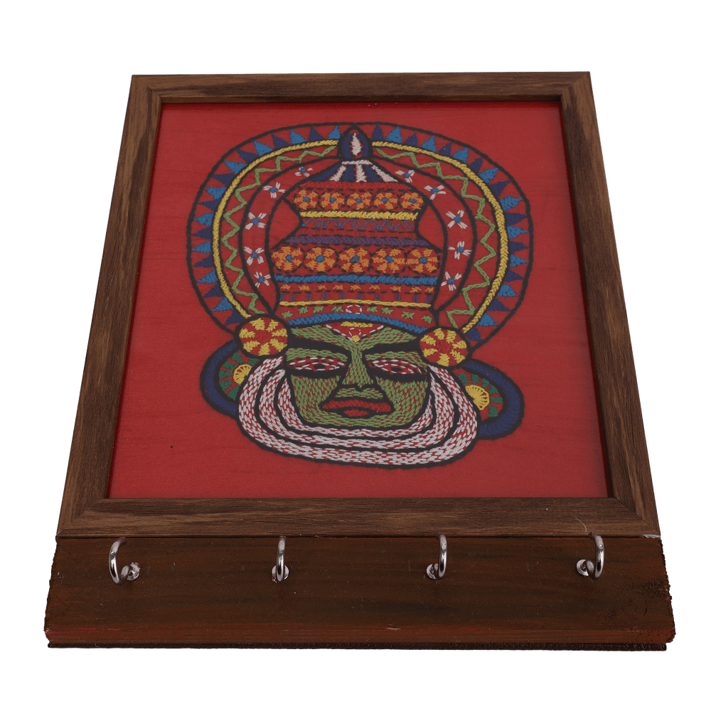Indha Wooden Key Hanger For Wall | Handcrafted Red Dupion Silk Key Holder | Kathakali Face Embroidery Kantha & Chain Stitch | Wall Mounted Key Organizer Indha