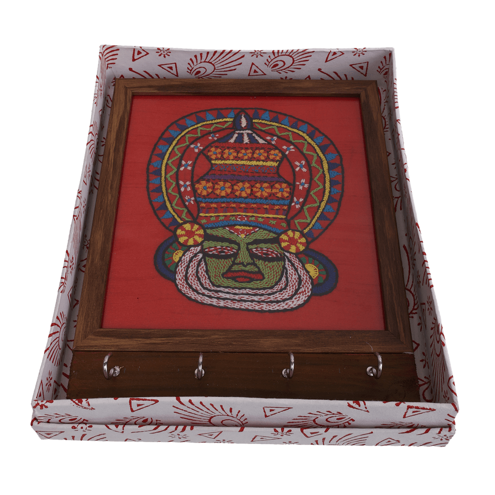 Indha Wooden Key Hanger For Wall | Handcrafted Red Dupion Silk Key Holder | Kathakali Face Embroidery Kantha & Chain Stitch | Wall Mounted Key Organizer Indha