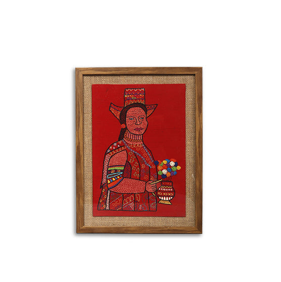 INDHA Hand Embroidered Unique Wall Decor | Multicolor Kantha Work On Red Dupion Silk &amp; Raw Jute Wooden Wall Décor | Ladakhi Tribal | Hand Embroidered Wall Décor | Home Décor | Home Furnishing |