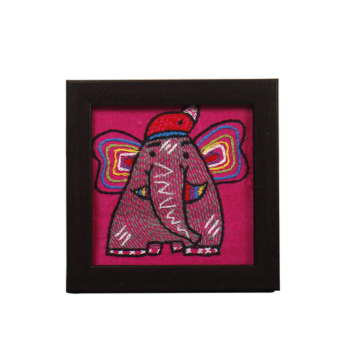 INDHA Baby Elephant Kantha Work Hand-Embroidered Pink Dupion Silk Wooden Glass Coaster Set of 2 | Handmade Utility Décor