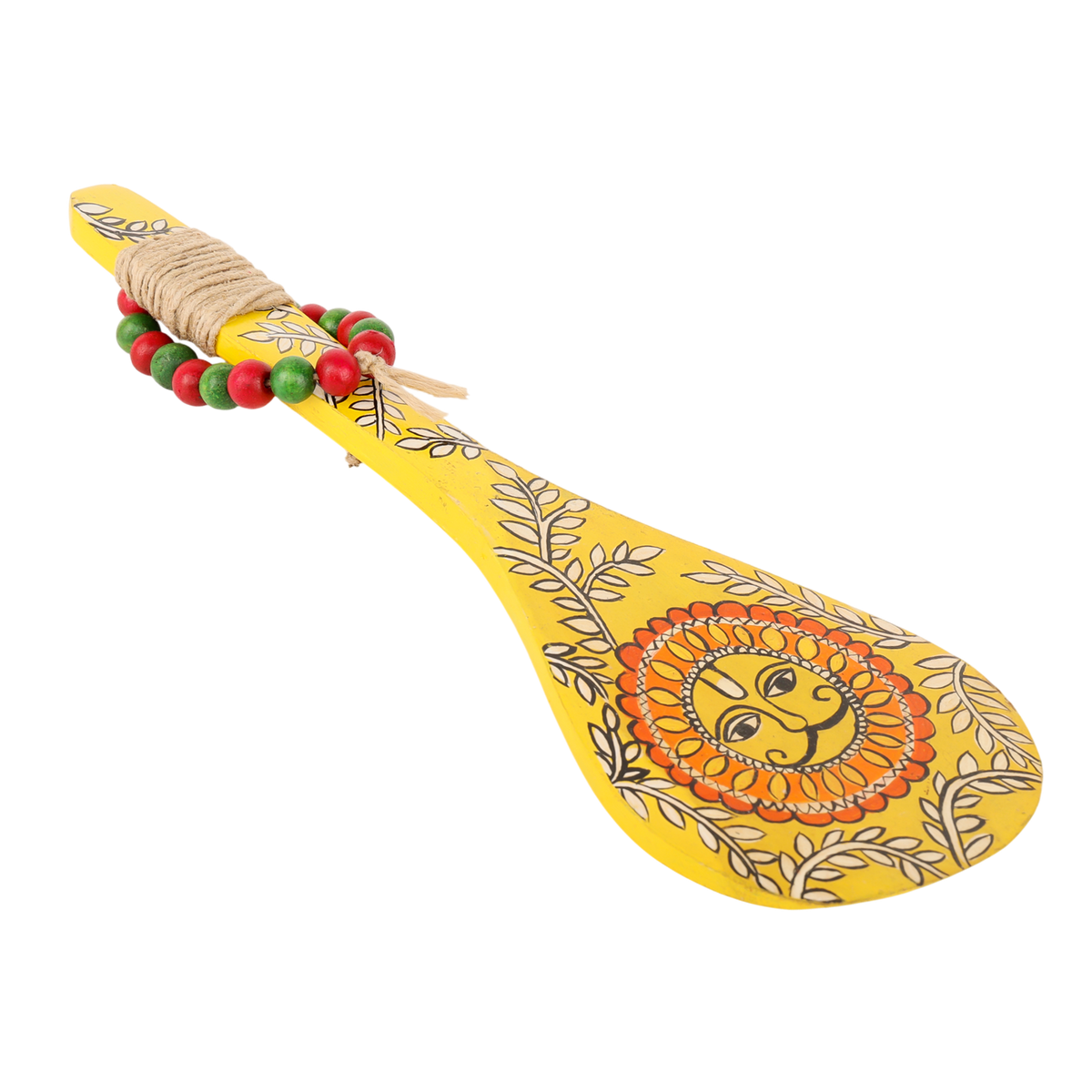 Indha Hand-Painted Wooden Spoon Décor – Madhubani Sun Art | Yellow Wall Accent with Jute & Beads | Travel-Friendly Indian Souvenir | Handmade Gift