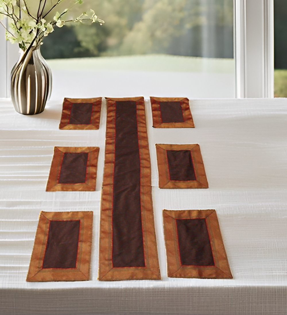 Indha Maroon Dupion Silk Table Runner & Mat Set with Golden Zari Border | Handmade Luxury Dining Décor & Gifting