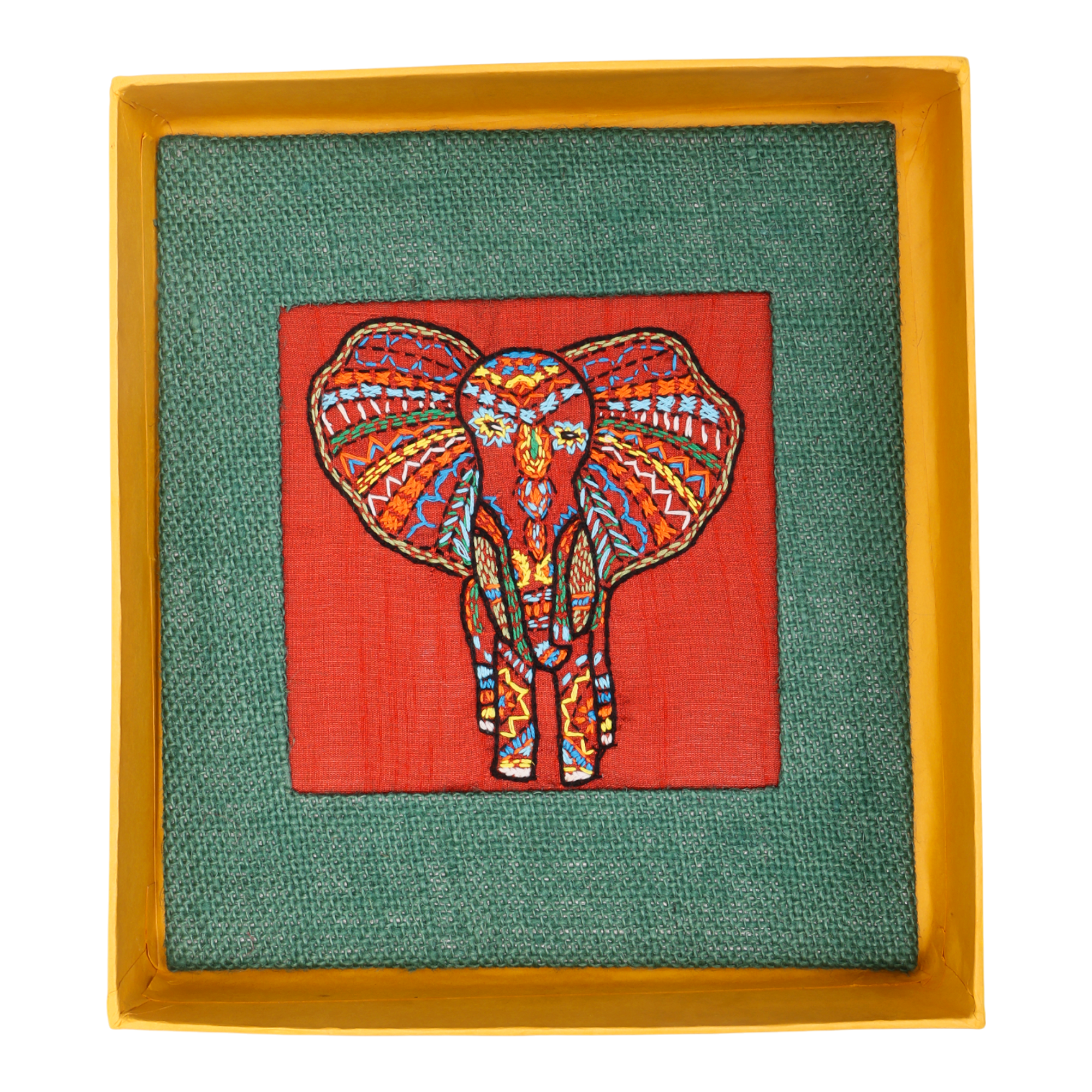 Indha Hand-Embroidered African Elephant – Silk Textile Art with Mini Wooden Easel A vibrant elephant motif stitched on rich silk—tabletop ready, gift-ready