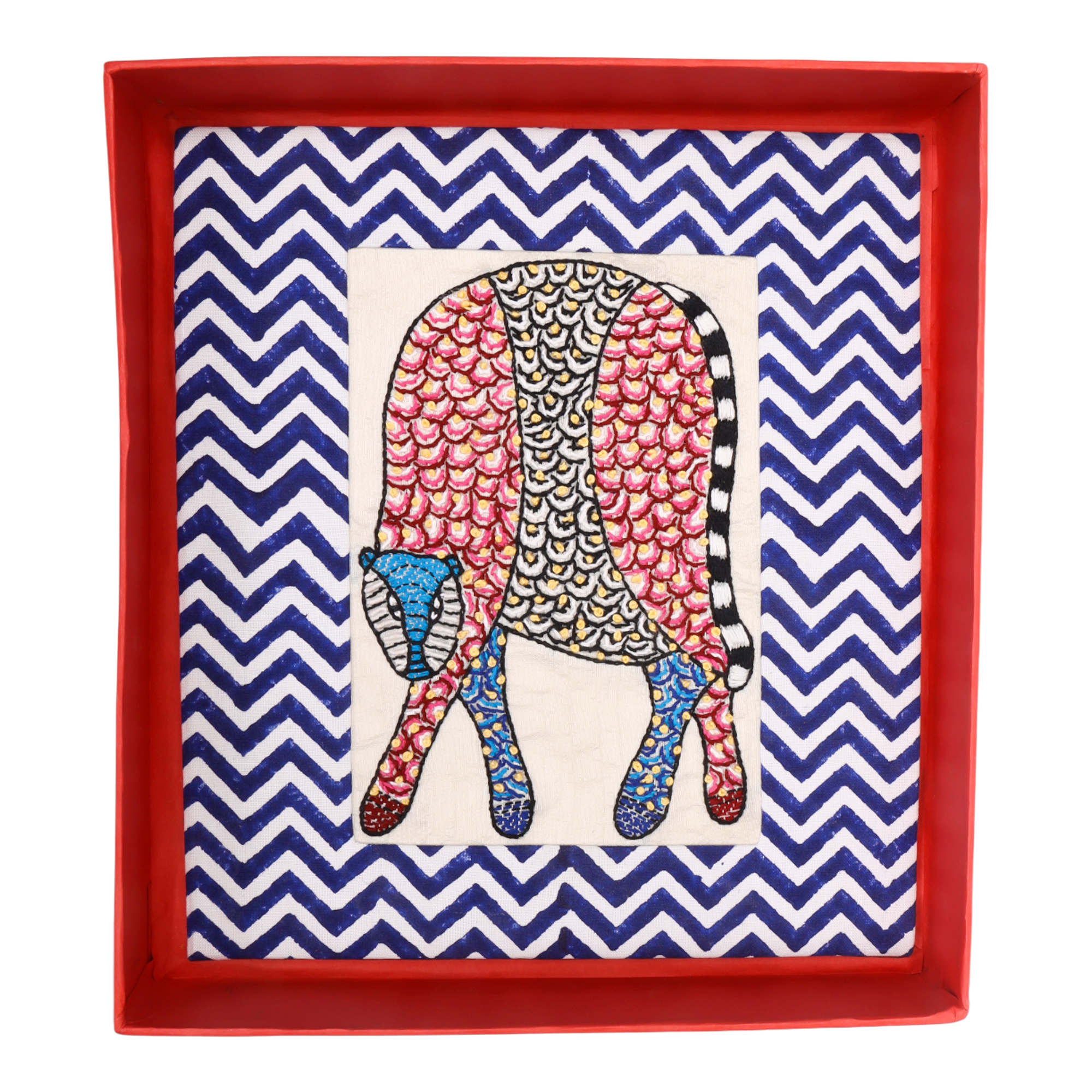 Indha Hand-Embroidered Gond Leopard – Textile Art with Hand Block-Printed Frame & Mini Wooden Easel