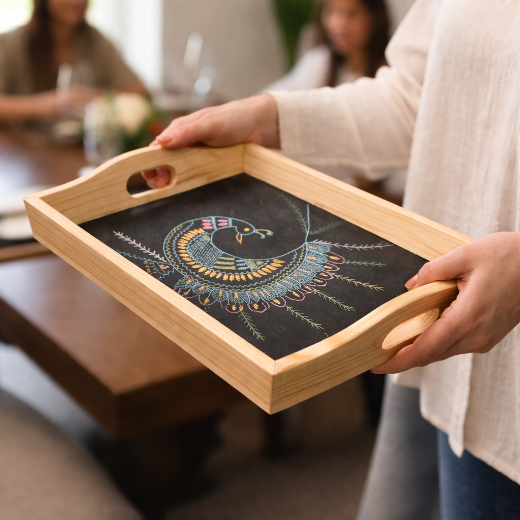 Indha Hand Embroidered Peacock Motif | Black Dupian Silk | Pine Wood Tray| Corporate Gift| Festive Gifting| National Bird