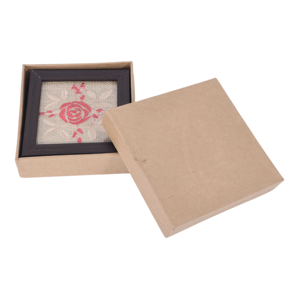INDHA Abstract Design Hand Embroidery | Natural Jute &amp; Wooden Glass Coaster Set | Set of 2 Glass Coasters | Hand Embroidered Utility Décor | Home Utility | Gifting | Corporate Gifting | Table Décor | Dining Utility | Kitchen &amp; Dining