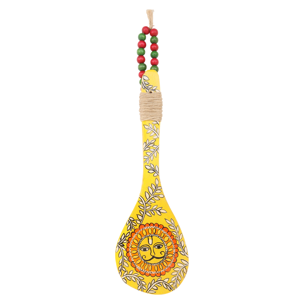 Indha Hand-Painted Wooden Spoon Décor – Madhubani Sun Art | Yellow Wall Accent with Jute & Beads | Travel-Friendly Indian Souvenir | Handmade Gift