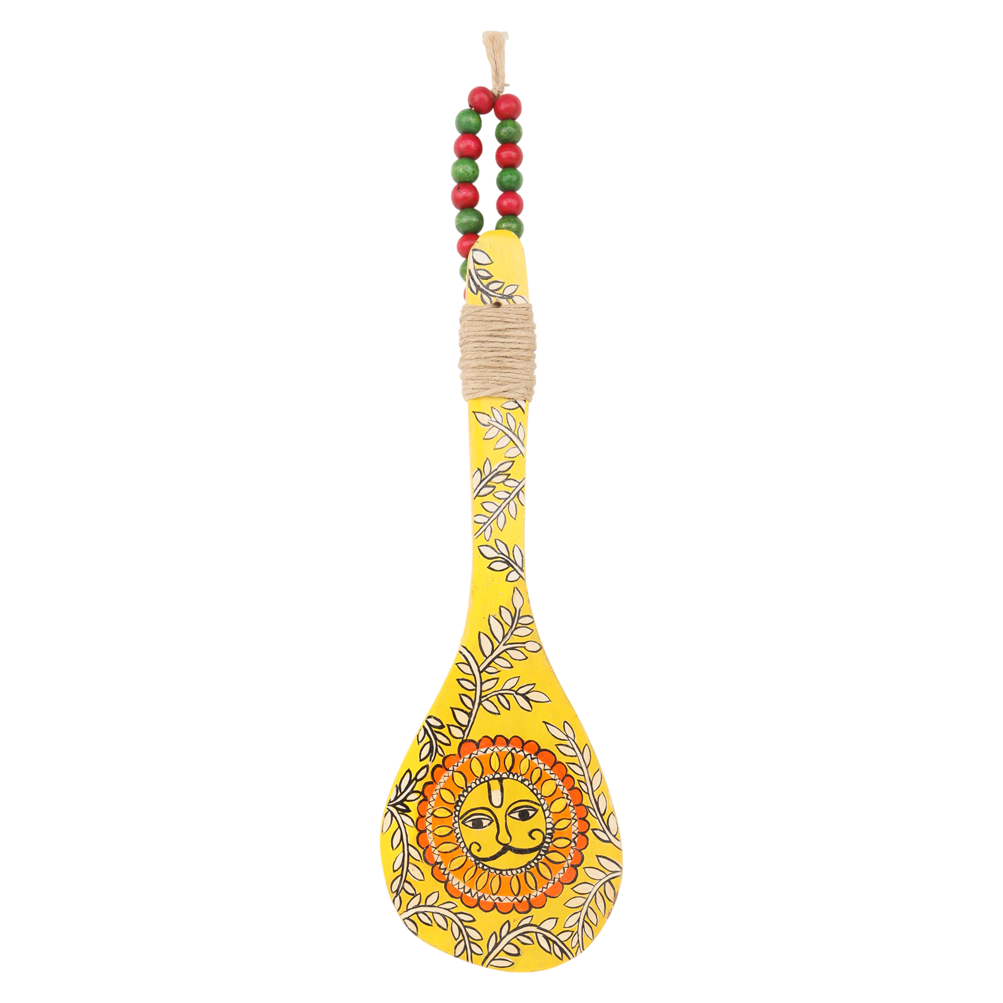 Indha Hand-Painted Wooden Spoon Décor – Madhubani Sun Art | Yellow Wall Accent with Jute & Beads | Travel-Friendly Indian Souvenir | Handmade Gift